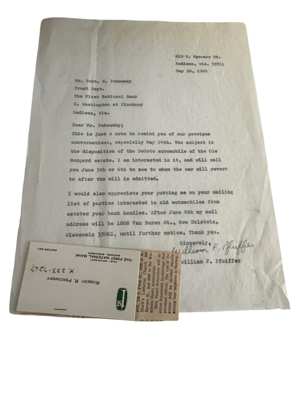 Vintage 1969 Signed Estate Inquiry Letter DeSoto Automobile Ole Borgard Wisconsi